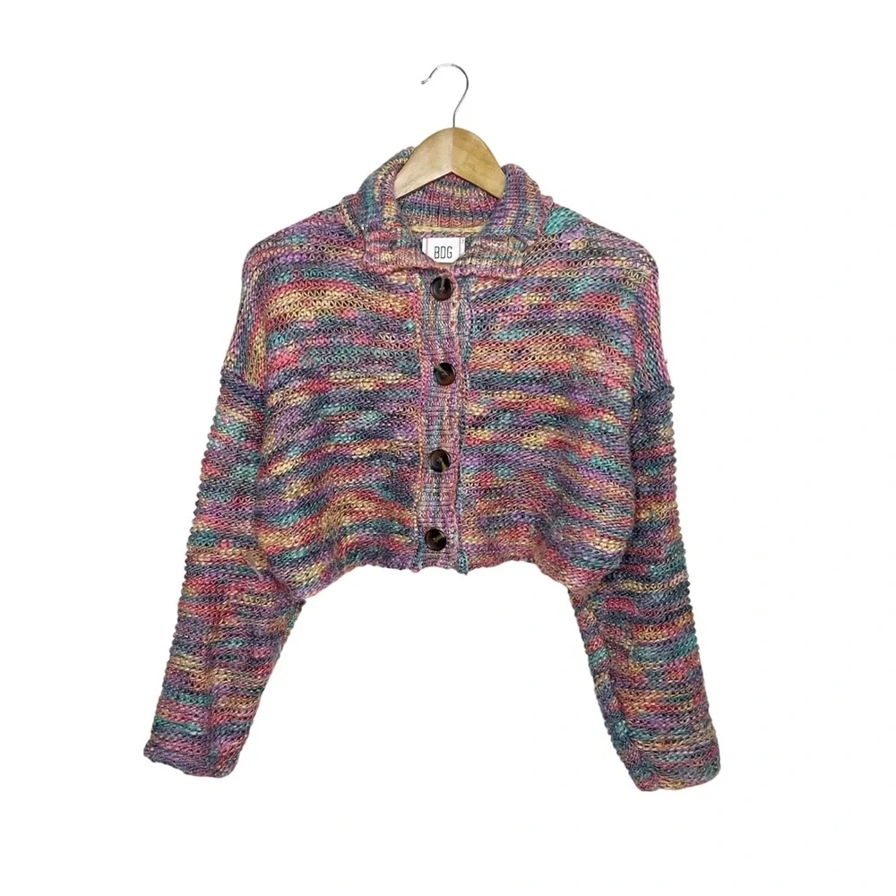 Urban Outfitter’s BDG Multicolor Cropped Button Down Cardigan M Knit Rainbow - Picture 3 of 9
